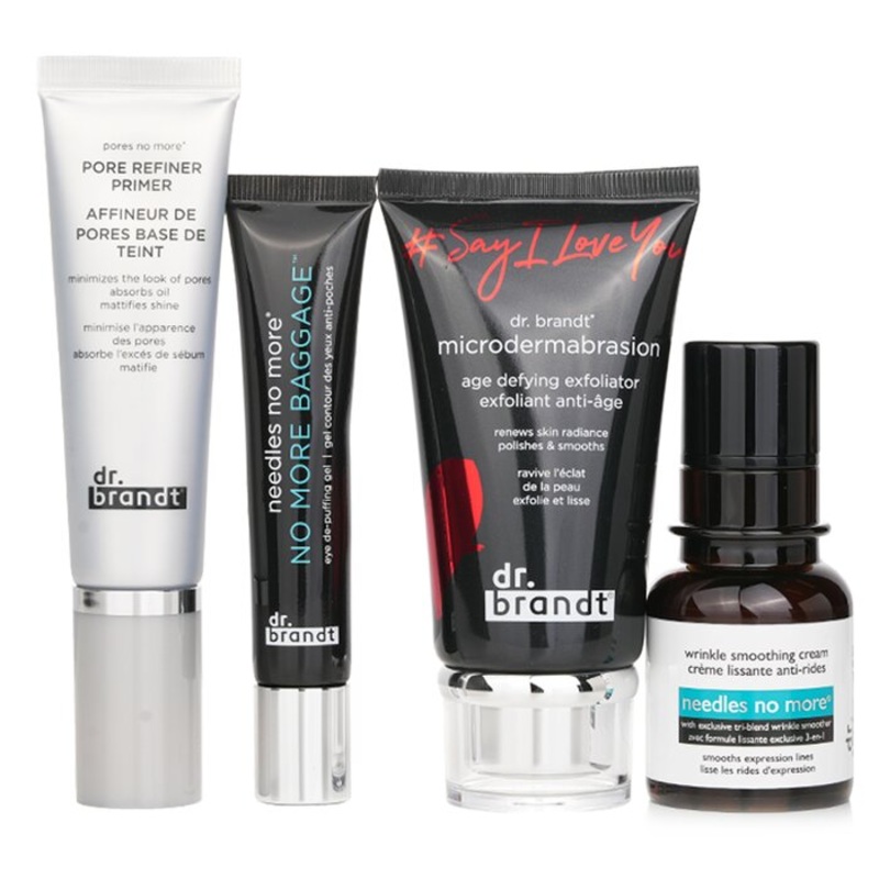 25 Years Of Dr. Brandt Kit: Microdermabrasion 60g+ Wrinkle Smoothing Cream 15g+ Pore Refiner Primer 30ml+ No More Baggage 15g Size: 4pcs Weight: 0.52KG