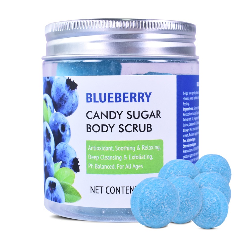 Wholesale Custom Logo Skin Smooth Exfoliating Cube Blueberry Sugar Body Scrubs Candy Scrub Balls