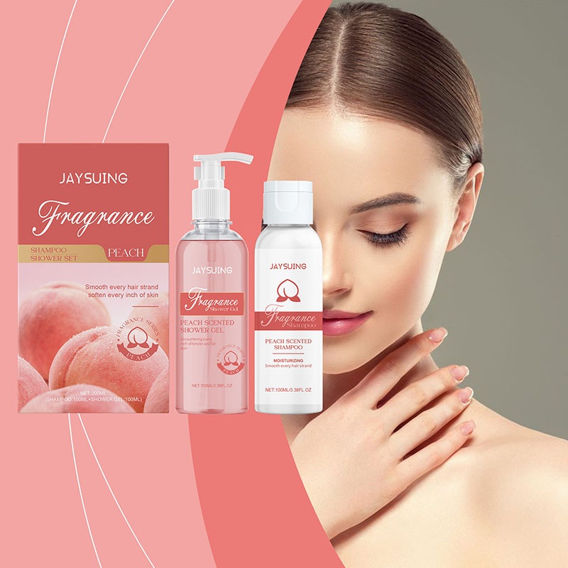 Women's Fresh and Fragrant White Peach Scented Shampoo and Shower Gel Set Body Cleansing Wash and Care Bath Set