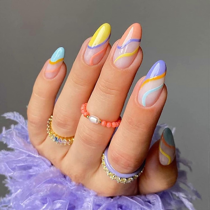 24 Pcs(Colorful Swirl) Press on Nails Medium, Fake Nails Almond Glue on Nails, False Nails with Glue, Acrylic Nails for Women and Girls