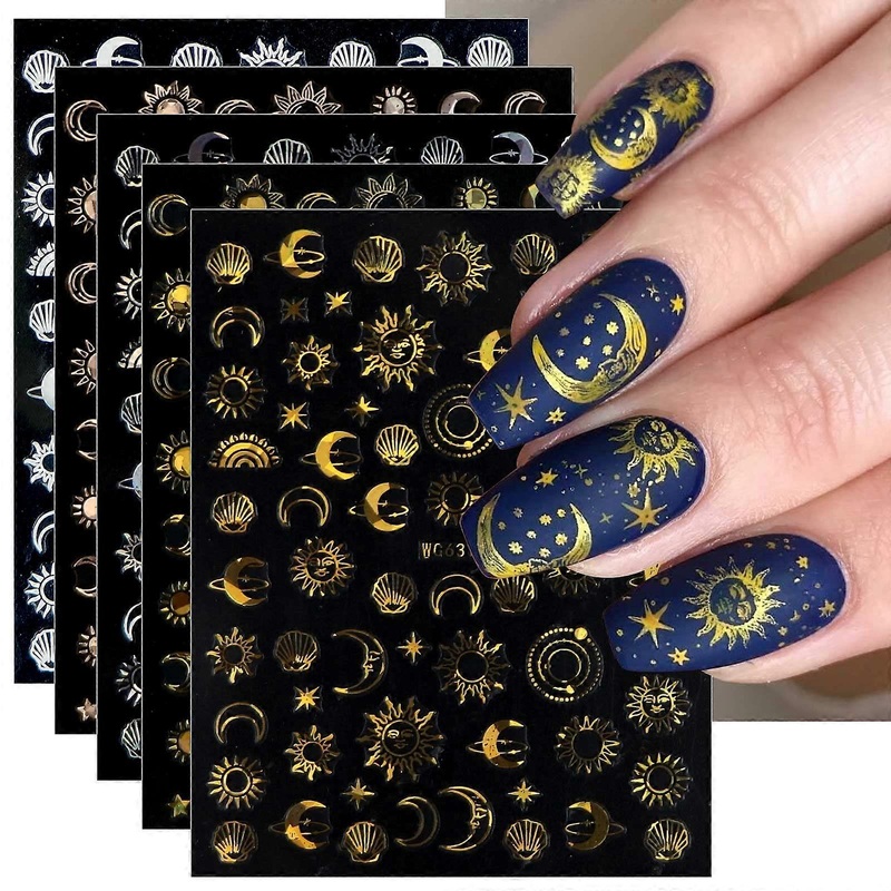 10 Sheets Moon Star Sun Nail Art Stickers Decals Self-Adhesive Colorful Rose Gold Nail Supplies Nail Art Design Decoration Accessories