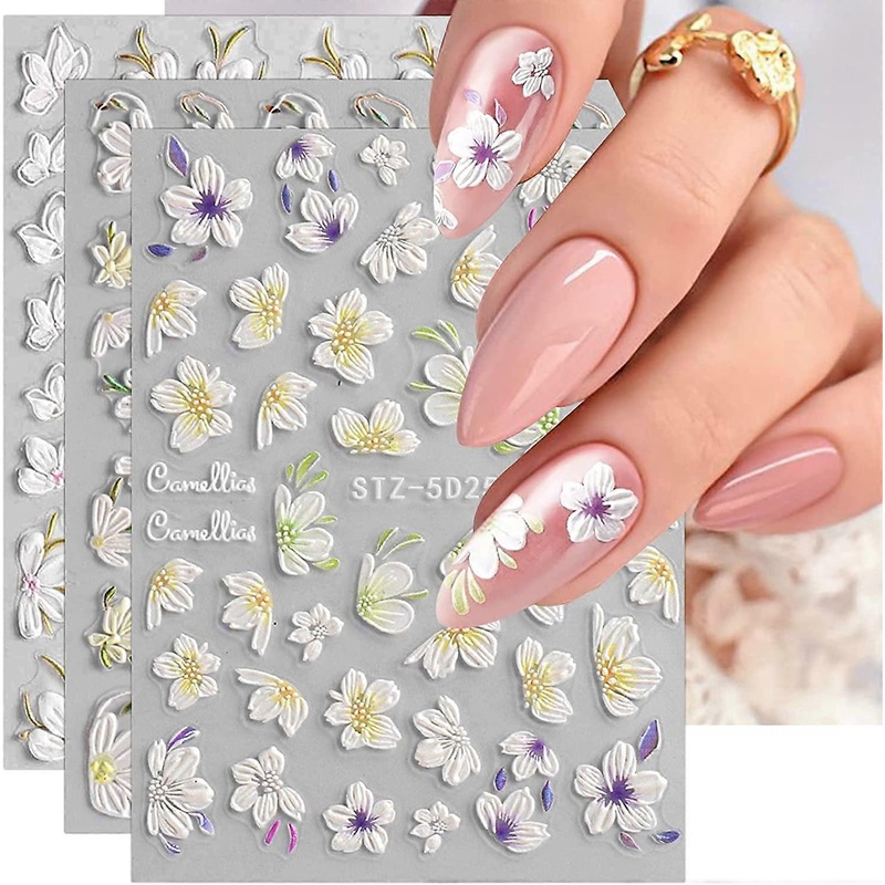 5D Embossed Spring Flowers Nail Art Stickers Decals 4 Sheets