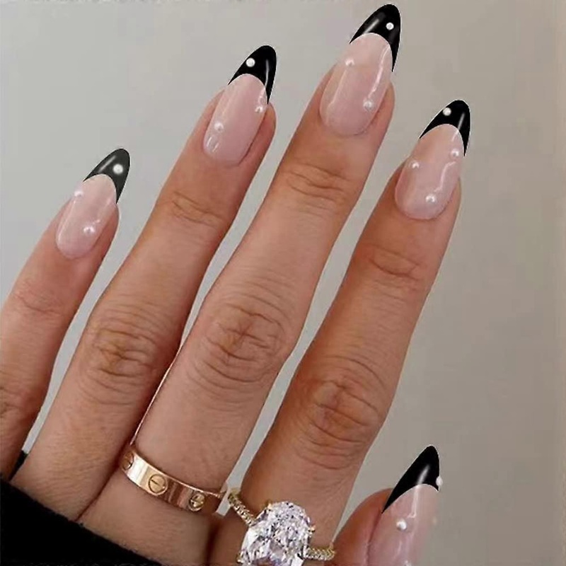 Almond Fake Nails Cute Black Press on Nails Tips French Short False Nails Pearl Full Cover Stick on Nails for Women and Girls 24Pcs