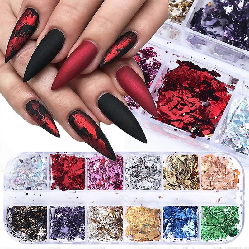 12 Grids Nail Art Foil Flake Glitter Confetti Nail Sequins 3D Holographic Aluminum Flakes Foil Nail Sequins Nail Stickers Nail Art Supplies
