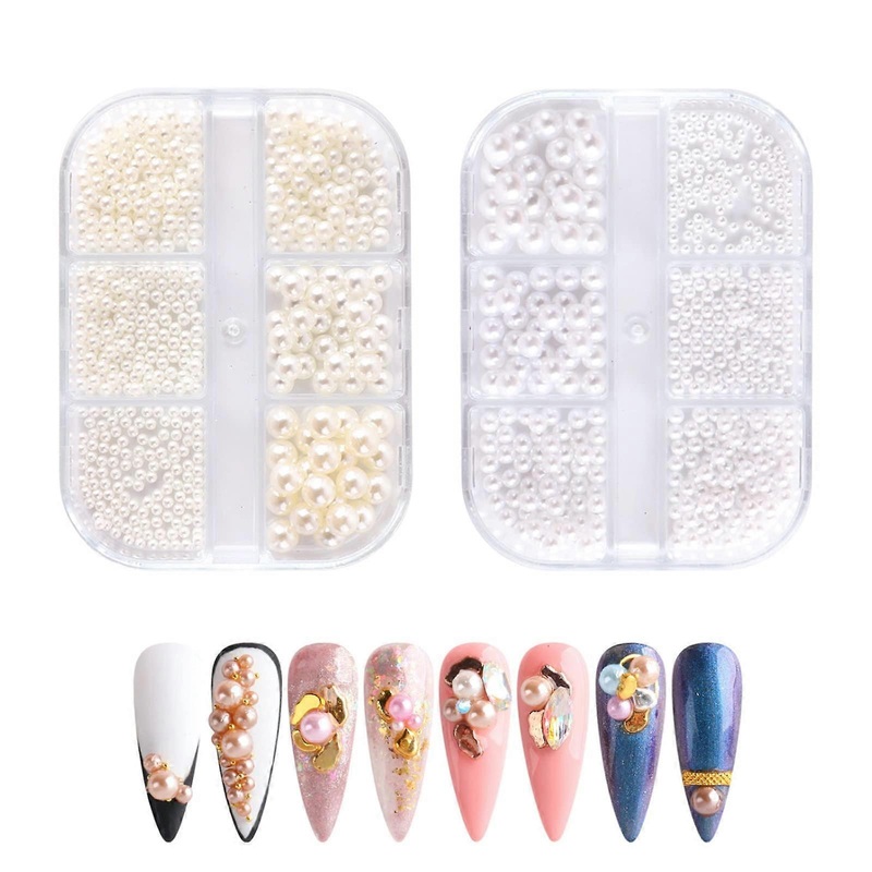 2 Boxes 6 Grids Round Imitation Pearl Beads-Nail Pearls for Nail Art