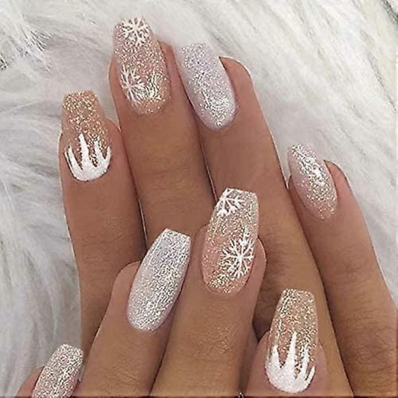 Short False Nails Snowflake Sequin Press Nails Acrylic Nail Sticks Pack of 24