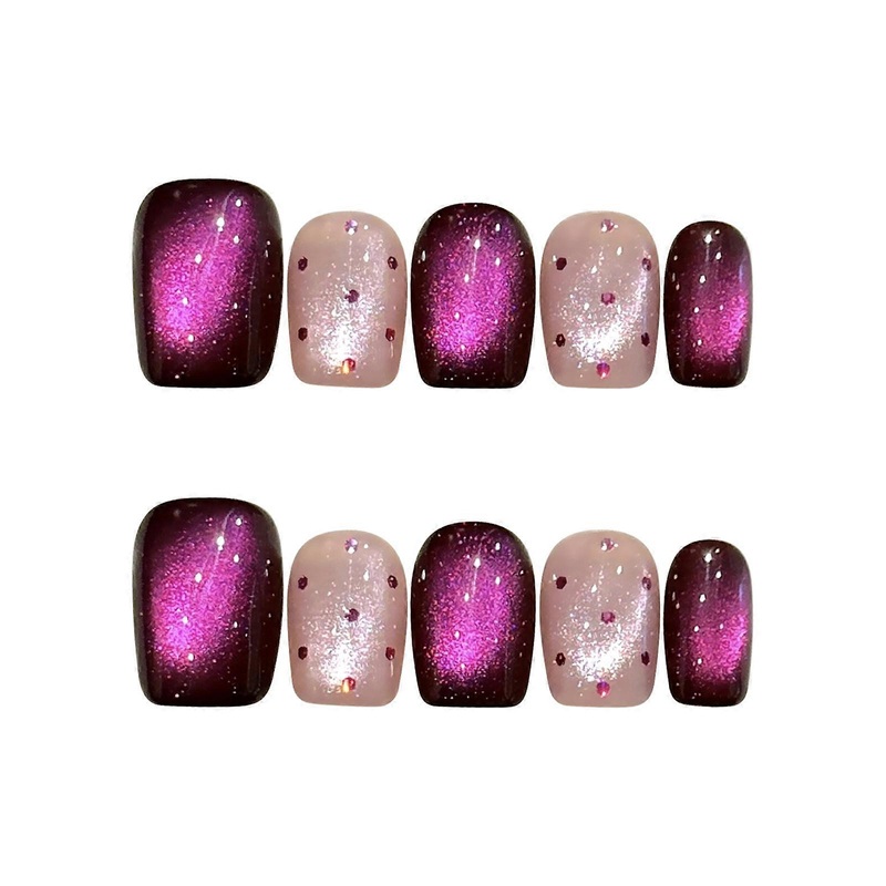 Purple Polka Dot Press On Nails with Cat Eye Handmade Fake Nails Medium Length