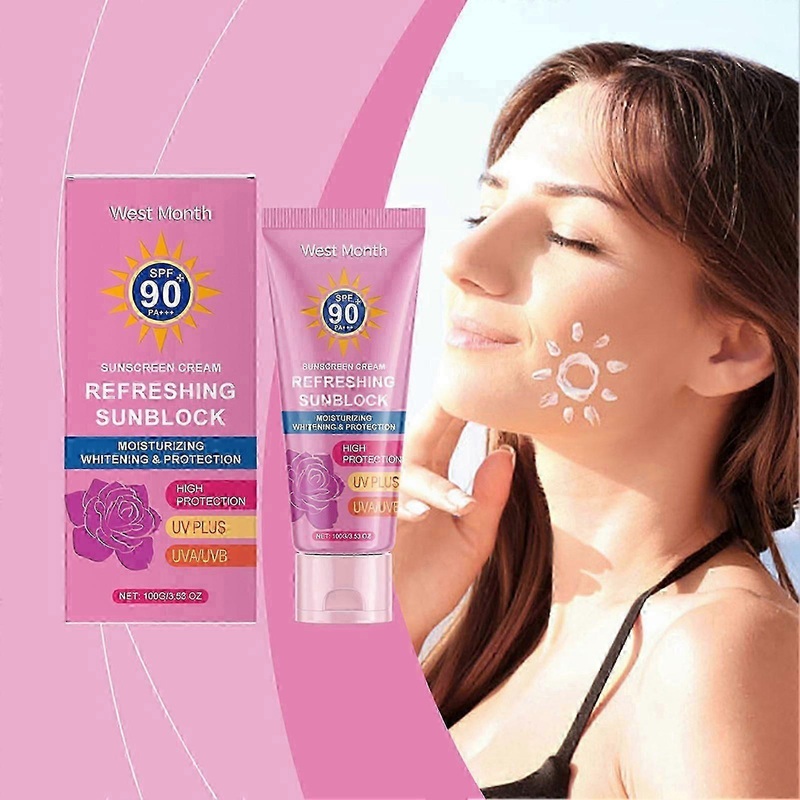 sunscreen spf 90, blocks uva/uv rays, prevents sunburn, deeply moisturizes, evens skin tone, lightweight non-sticky