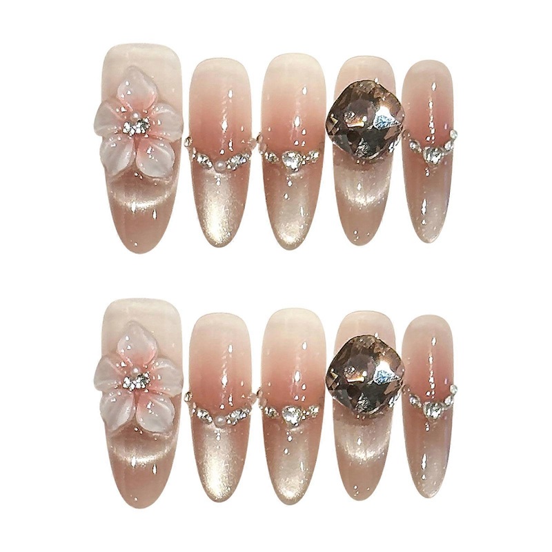 Sweet Pink False Nails with Flash Cat Eye Rhinestone Decor for Women Party