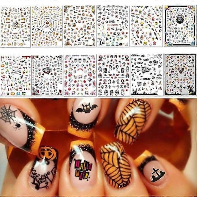 1000pcs Halloween Nail Decals Stickers, Self-adhesive DIY Nail Art Tips Stencils for Halloween Party, Includes Pumpkin/Bat/Ghost/Witch (12 Sheets)