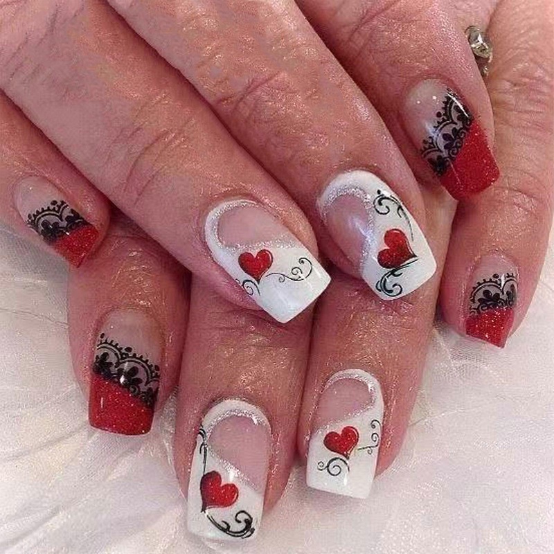 24 Pcs Glittering Press On Nail French Tip Stick on Nail Heart Artificial Nail Valentines Day False Nail for Holiday