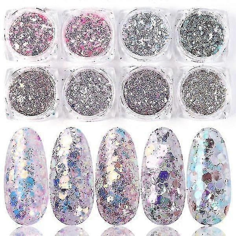 1506 08 mix glitter nail art powder flakes set; holographic sequins for manicure.