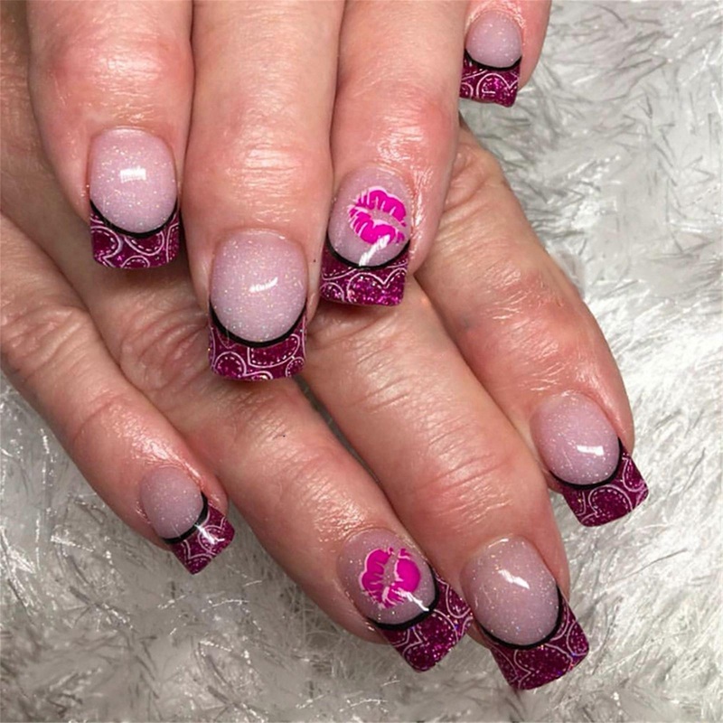 24 Pcs Lip Print Acrylic Nail Valentines Day False Nail French Tip Stick on Nail Glittering Press On Nail for Holiday
