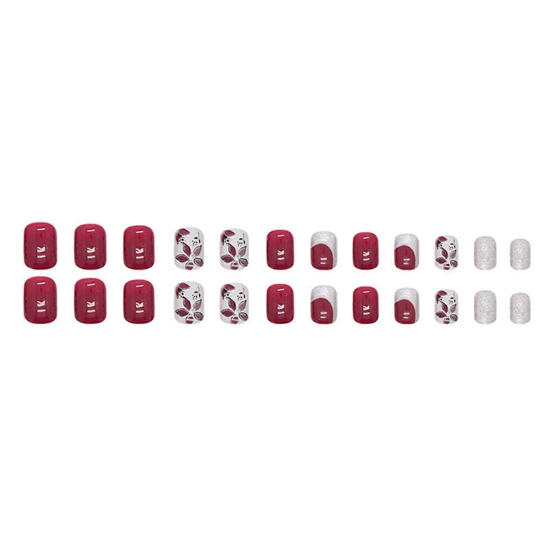 Rose Red Short Fake Nails with Glitter Decor Full Cover Square Artificial Nail