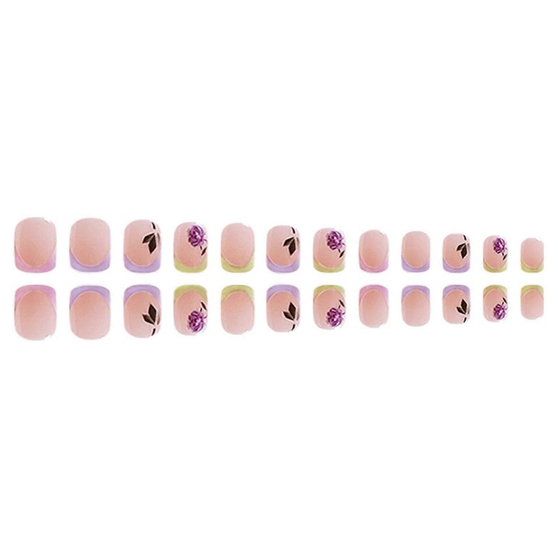 Spring Nude Square Fake Nails with Flower Printed Natural Unbreakable Nail