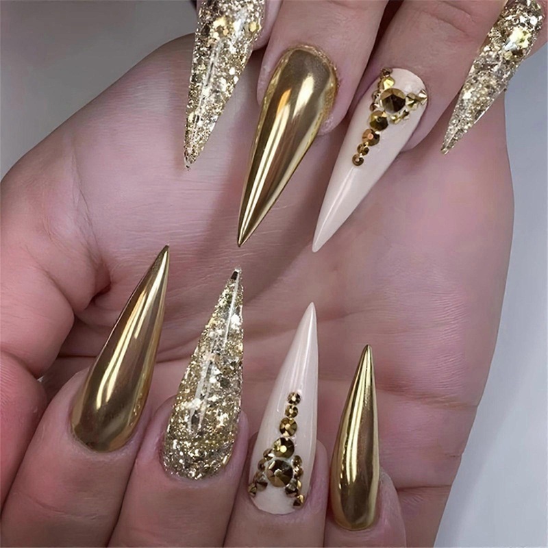 24 Pcs Autumn Winter False Nail Glittering Press on Nail Stick on Nail with Rhinestones Long Almond Acrylic Nail