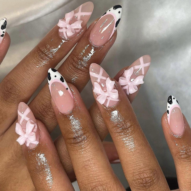 24 Pcs French Tip Press On Nail Short Almond False Nail Sweet Bows Acrylic Nail Simple Full Cover Stick On Nail
