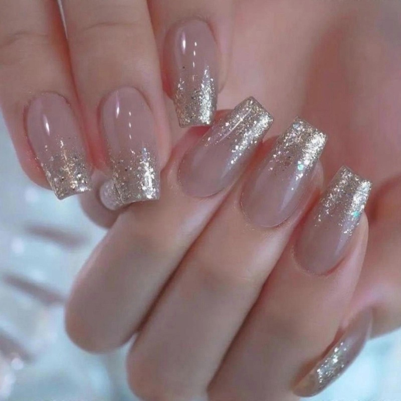 Press on Nail Glitters French Tips Glossy False Nail Ballet Style Artificial Nail Acrylic Stick on Nail Manicure 24Pcs