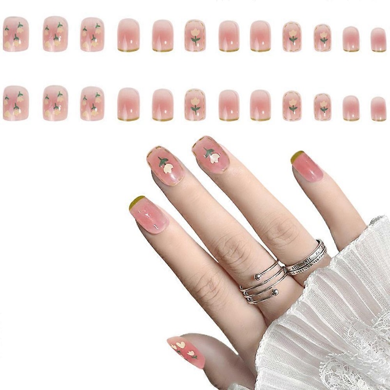 Short Press On Nails Acrylic Square French Fake Nails Full Cover Nude False Nails For Women And Girls 24Pcs-Style1