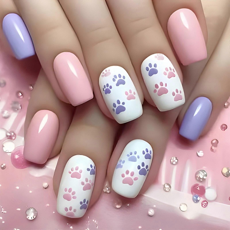 Square Press on Nail French Tip Fake Nail Glues on Nail Cats Paws Designs Artificial Nail Acrylic Nail Stick On Nail