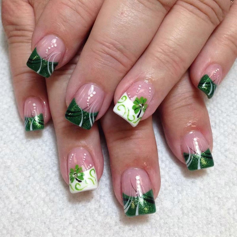 Square Press on Nail Shamrock Fake Nail Stick on Nail 12 Size,24 Pcs French Nail Tips for DIY Nail Art Decorations