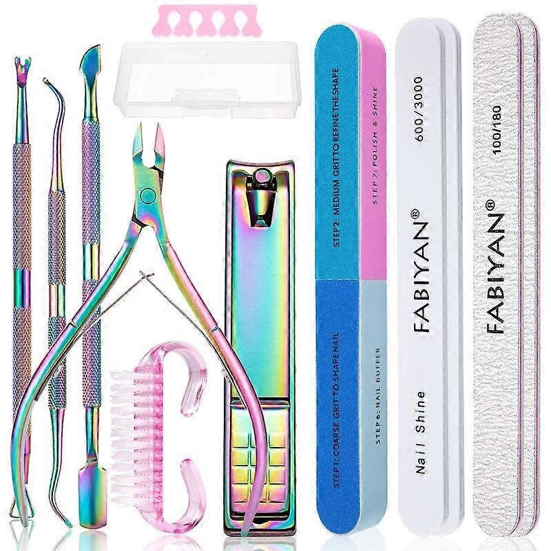 13 In 1 FABIYAN Color Titanium Nail Art Tool Set Dead Skin Shears Steel Push Nail File Pliers