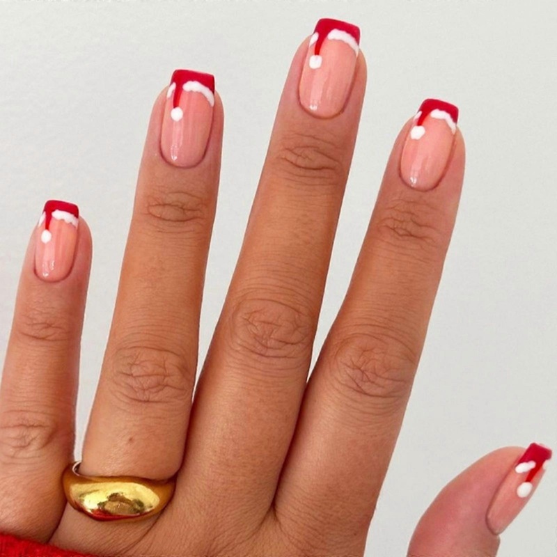 24 Pcs Christmas Hat False Nail Short Press On Nail Christmas Full Cover Stick on Nail Manicures Supplies for Winter