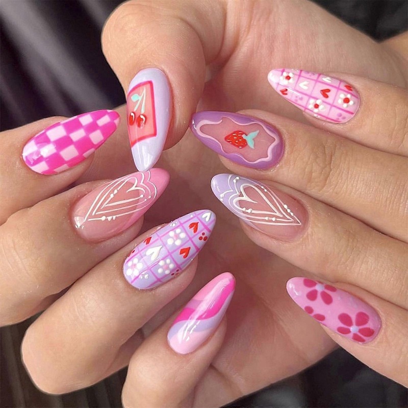24 Pcs Flower Full Cover Stick on Nail Strawberry False Nail French Tip Press On Nail Almond Medium Acrylic Nail