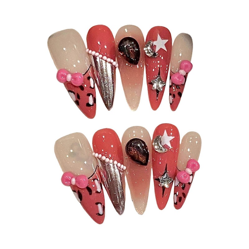 Stars Long Press on Nails Kit Vintage Red Long False Nails