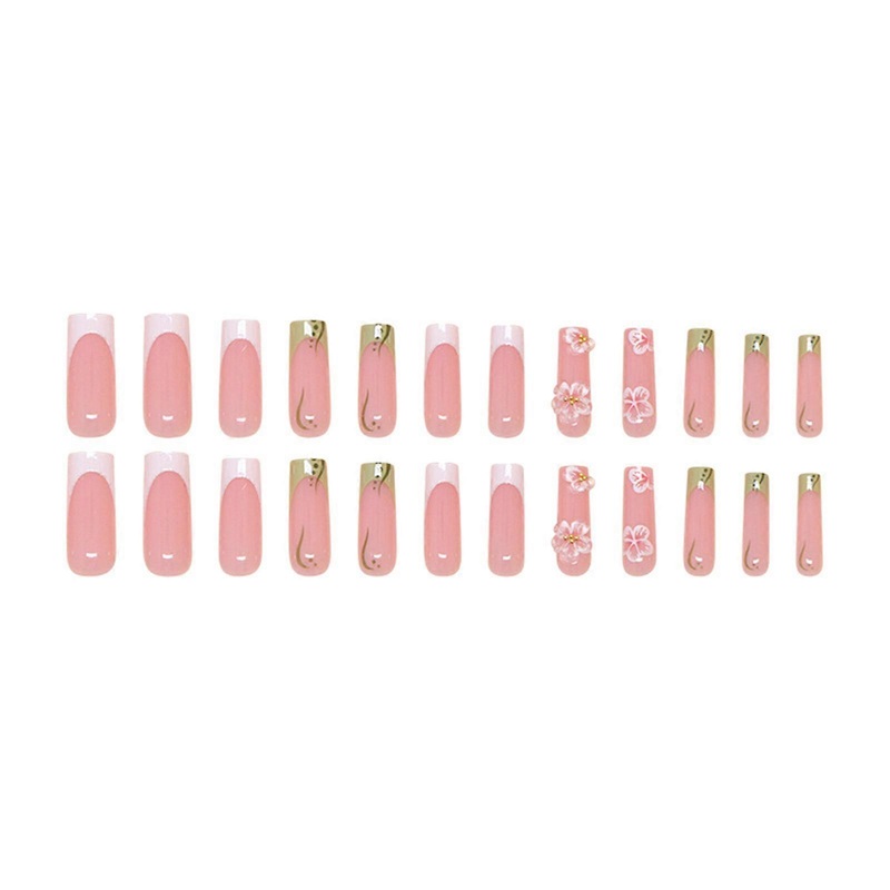 Super Long Square Press On Nails French Style Tips Flower Pattern False Nails