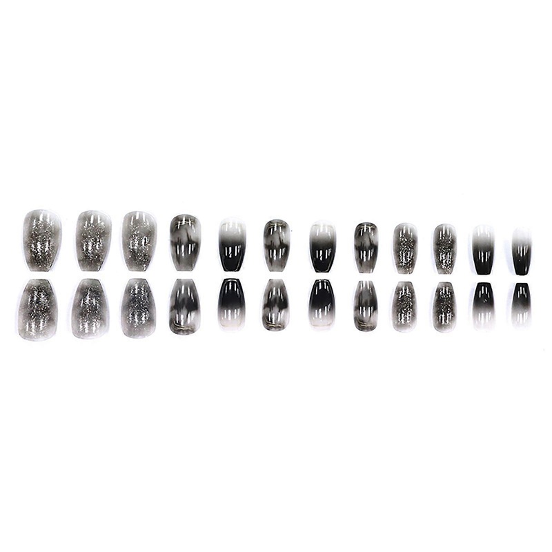 Sweet Cool Black Fake Nail Gradient Color Shiny Glitters Artificial Nail