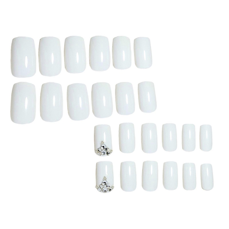 White Fake Nails with Rhinestone Full Cover Square Artificial Nail Tips