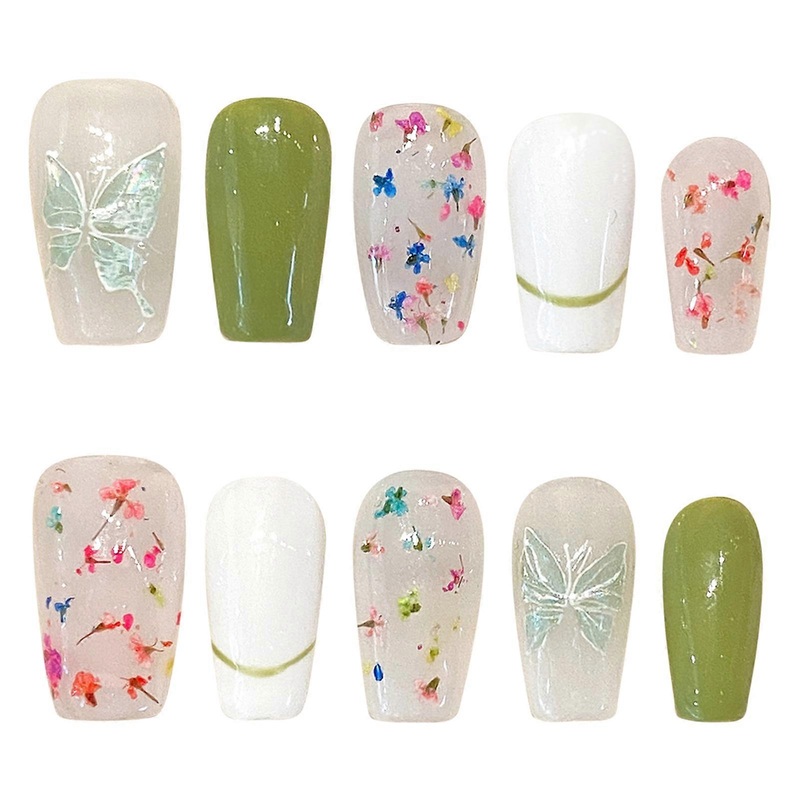 White Green Press on Nails with Butterfly Print Durable & Never Splitting