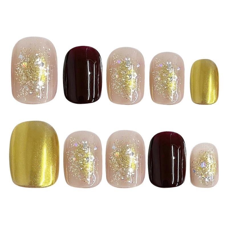 Wine Red&Gold Short Press on Nails Durable & Never Splitting Comfort Fake Nails
