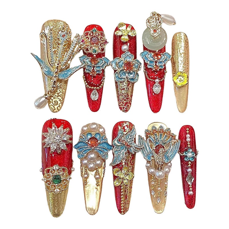 Women Full Cover Stick on Nails Wedding Style Fake Nails with Pearl