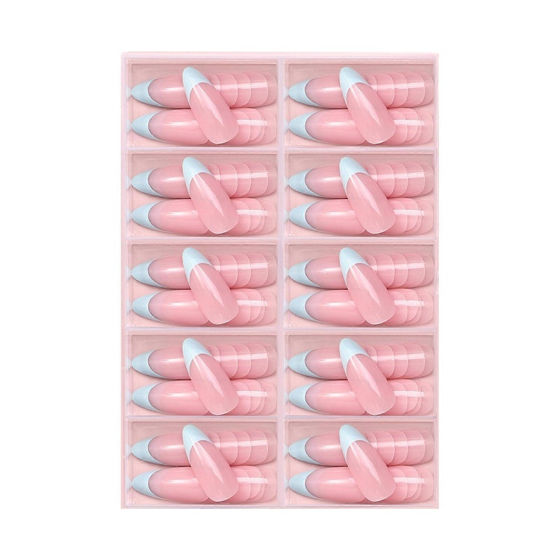 120 Pcs Almond False Nails Blue French Tip False Nails Full Cover Stick on Nails Wearable Press On Nails for Women Girl