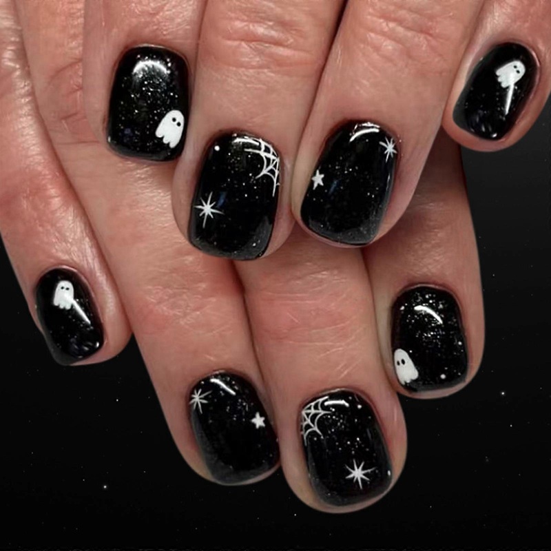 24 Pcs Glossy Full Cover Stick on Nail Short Square False Nail Spiders Web Press On Nail Halloween Artificial Nail