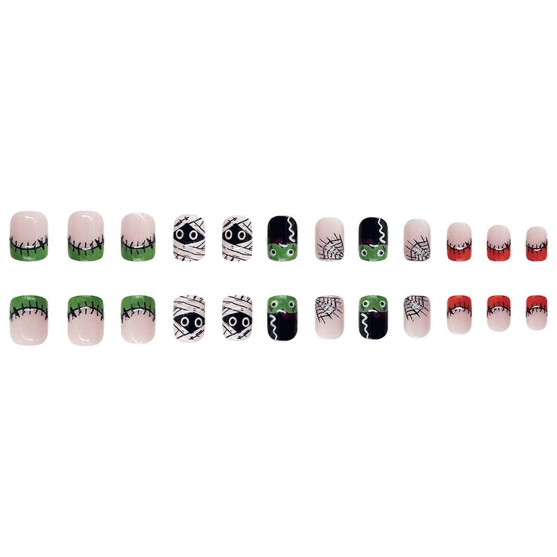 Short Square Fake Nails with Cute Mummy Halloween Press on Nails