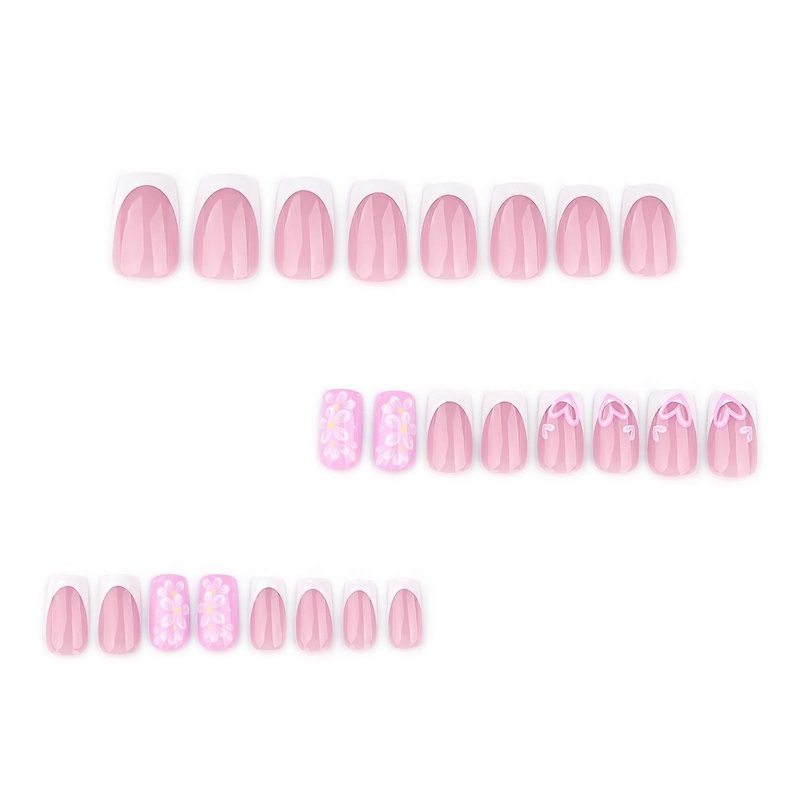 White Edge Press On Nails Removable Press On Nails with Flower Pattern