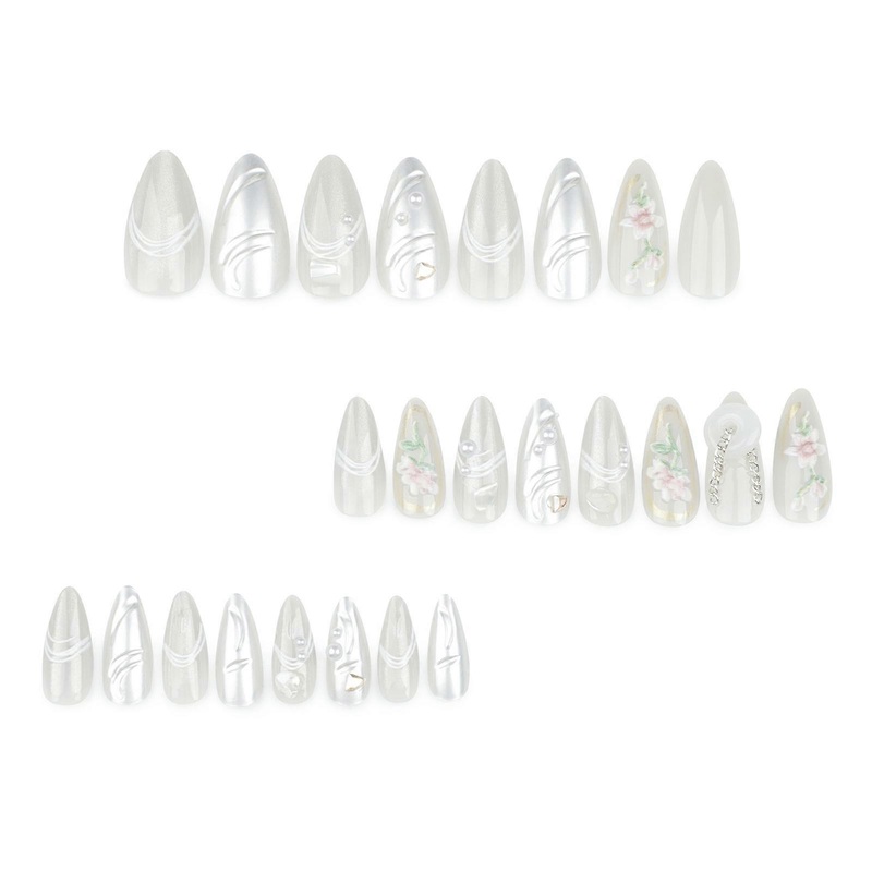 White Long Fake Nails with Flower Printed Long Lasting Safe Material Waterproof