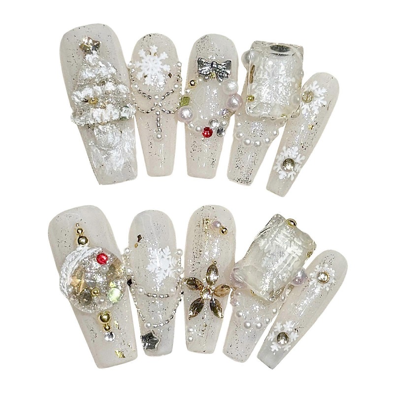 White Long Press on Nails with Flash Glitter No Bad Smell Environmentally