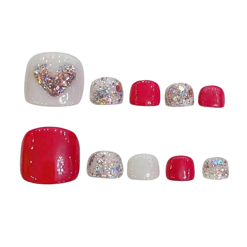 White Pink Fake Toenails with Glitter Sweet & Charming Reusable False Nails