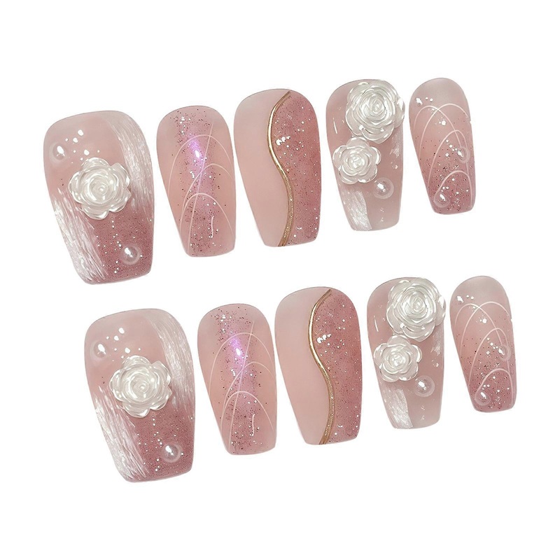 10pcs Pink Artificial Nail Art Kit Long Square Sweet Style False Nails