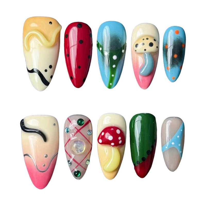 Women Almond Press on Nails Kit Dopamine Goth Press On Nails