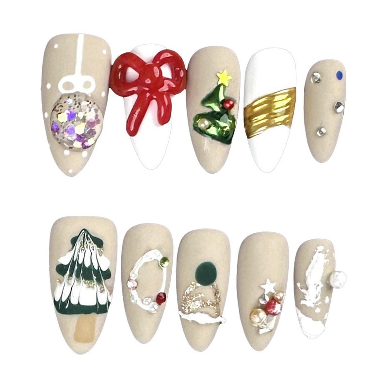 Xmas Style Almond Press On Nails with Big Bowknot Design Reusable False Nails