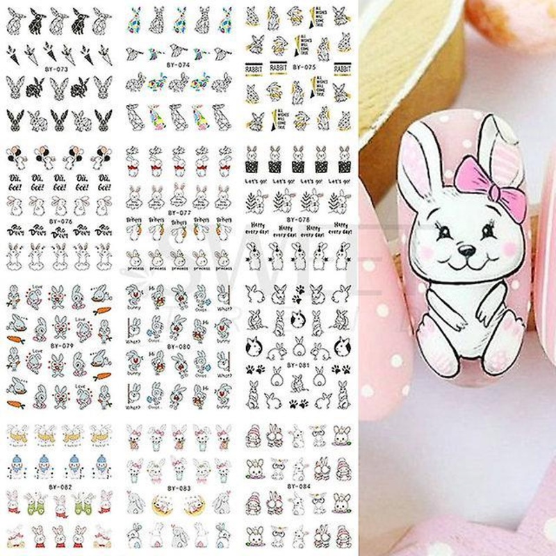 Wisdom Bunny Nail Water Slider Watercolor Cartoon Design Flower Leaf Spring Decals Foils DIY Accessories Watermark Sticker Decor