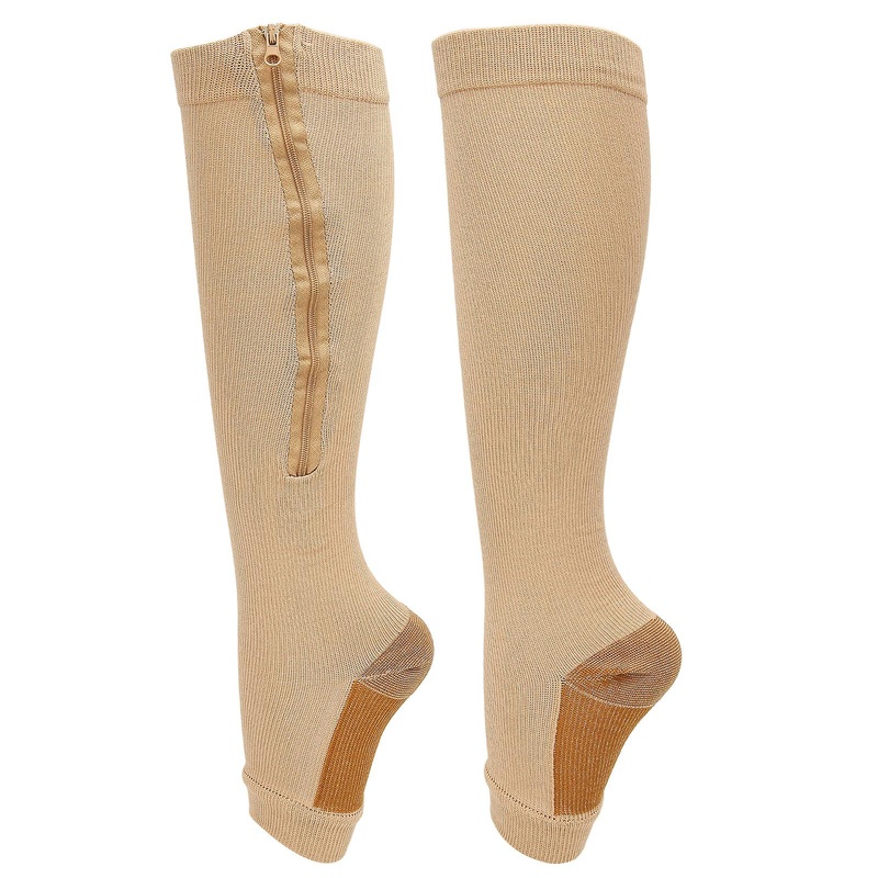 Zipper Compression Socks Soft Nylon Washable Reusable Open Toe Leg Shaping Socks for WomenSkin Color Splicing L/XL