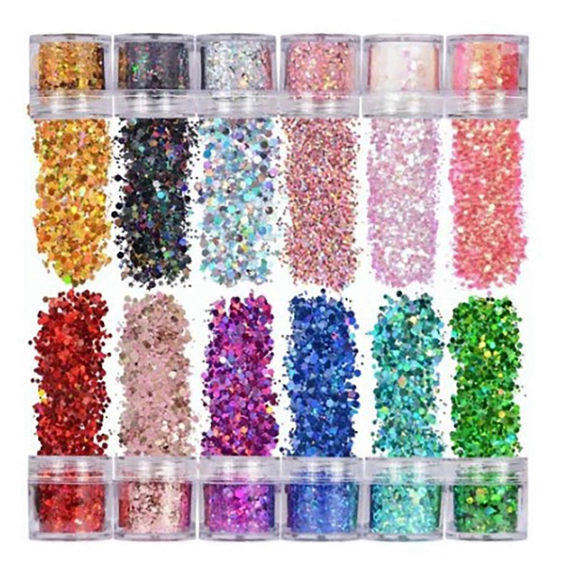12 Colors Sequins Star Hex Shape Nail Decals PET Safe Thin Glitter Flakes for Face Body Eye Hair