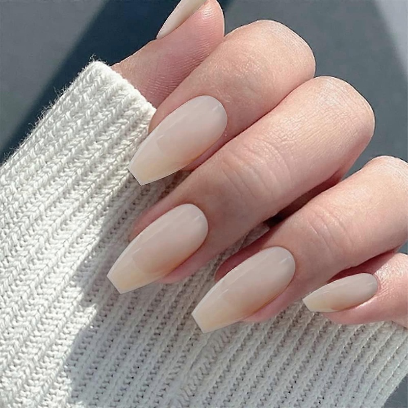 Press On Nails for Salon Style, Square Shape Black White ABS Material, Glossy Nude Solid Color, Reusable Nail Set with Simple White Edge for Everyday