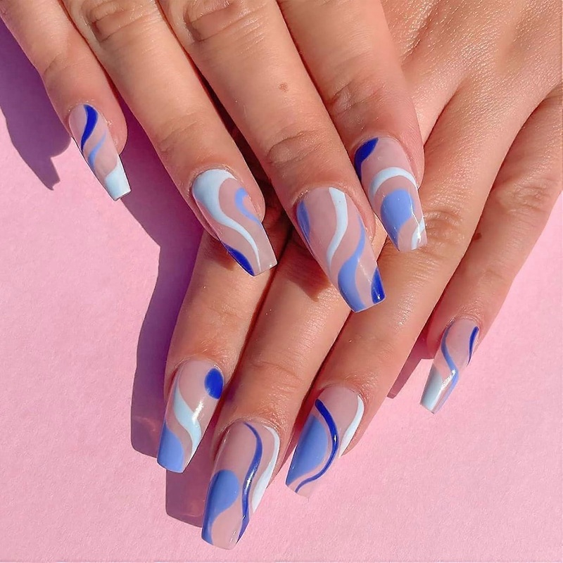 Square Acrylic Press On Nails, Gradient Fake Nails With Designs For Minimal Installation At Home Or On The Go, 24 Pcs Medium Length Blue Swirl
